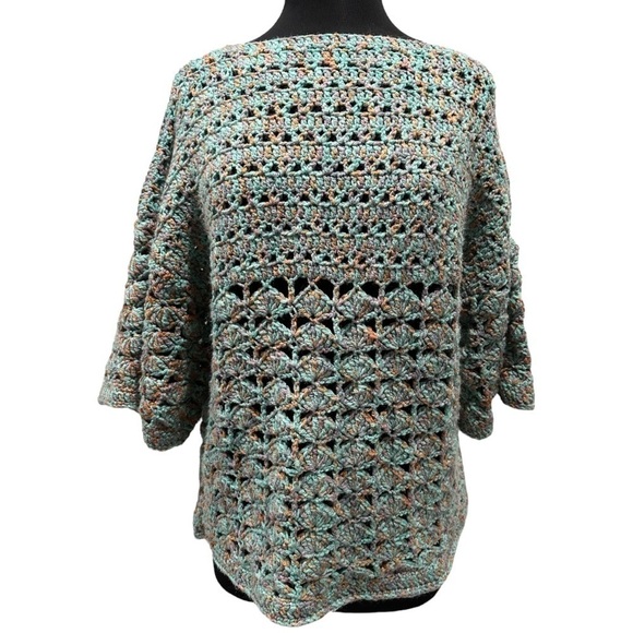 Crocheted Multicolor Boatneck Flare Sleeve Sweater - Picture 1 of 11